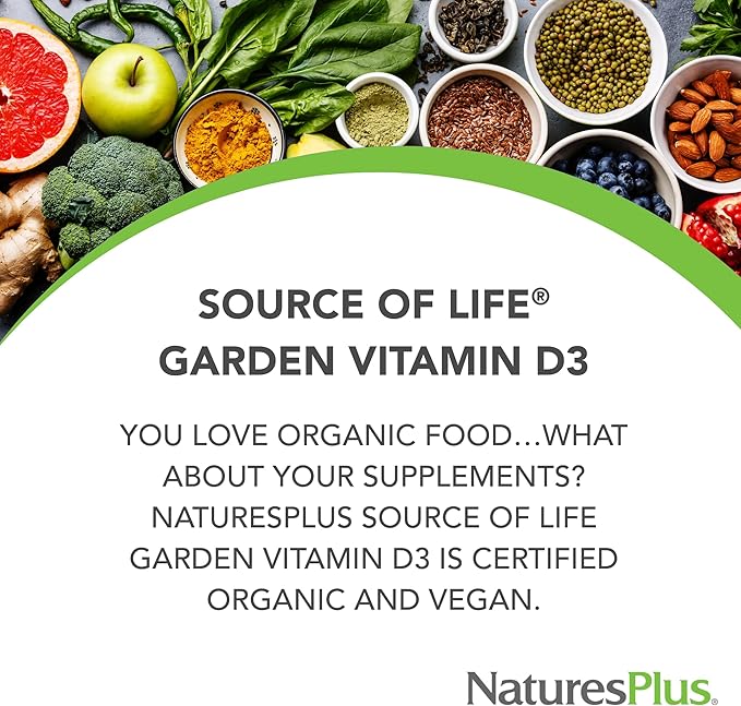 NaturesPlus Source of Life Garden Vitamin D3 - 60 Capsules, Pack of 2 - Immune System Support - USDA Certified Organic, Non-GMO, Vegan, Gluten Free - 60 Total Servings