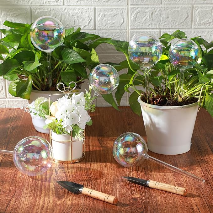 6 Pcs Iridescent Self Watering Globes Glass Rainbow Plant Self Watering Globes Planter Insert Large Automatic Plant Waterer Bulbs for Planter Indoor Outdoor Garden, 16oz, 13oz, 10oz
