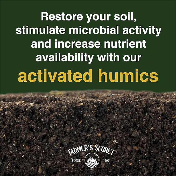 Farmer’s Secret Soil Revitalizer (8oz) - Organic (OMRI Listed) Dirt Health Booster - Liquid Compost Soil Amendment - Activated Humic Acid - Great for Fall/Spring Application