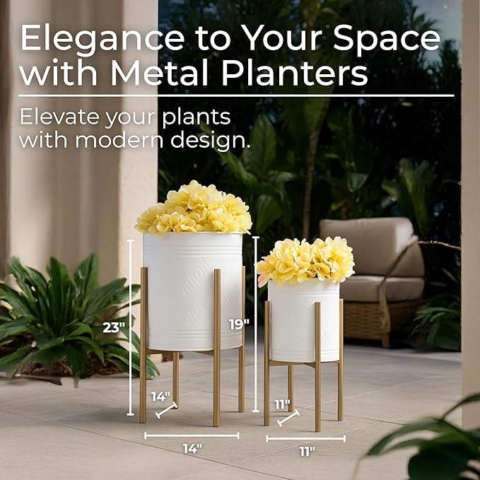 Decorative Flower Pots with Metal Stand for Home Decor - Modern Planters for Hallway, Entryway, and Living Room Decor - Indoor and Outdoor Pots for Plants - Set of 2, 23", 19", White & Gold