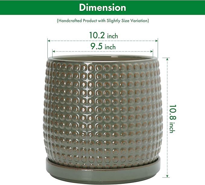 D'vine Dev 10 Inch Ceramic Beaded Stoneware Planter Pot - Flower Pot with Drainage Holes and Saucers for Indoor Succulent Plants or Flowers, Olive, 27-C-P-0