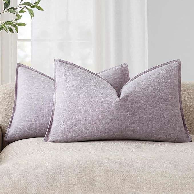Foindtower Pack of 2, Decorative Linen Soild Throw Pillow Covers Soft Accent Lumbar Cushion Case Farmhouse Pillowcase for Chair Couch Sofa Bedroom Living Room Home Decor 12 x 20 Inch Light Purple