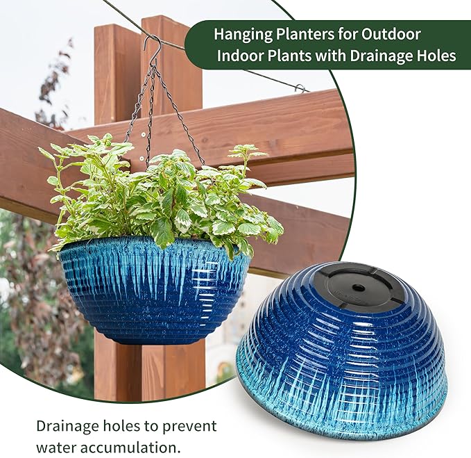 Vanslogreen 12 inch Hanging Planters for Indoor Outdoor Plants, 2 Pack Large Hanging Flower Pots with Drainage Holes and Chain, Glazed Hanging Baskets for Home Garden Decoration (Blue Flow Glaze)