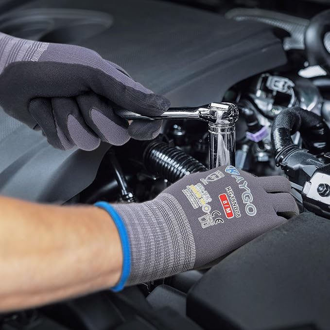 KAYGO Safety Work Gloves MicroFoam Nitrile Coated-3 Pairs, KG18NB,Seamless Knit Nylon Glove with Black Micro-Foam Nitrile Grip,Ideal for General Purpose,Automotive,Home Improvement,Red XX-Large