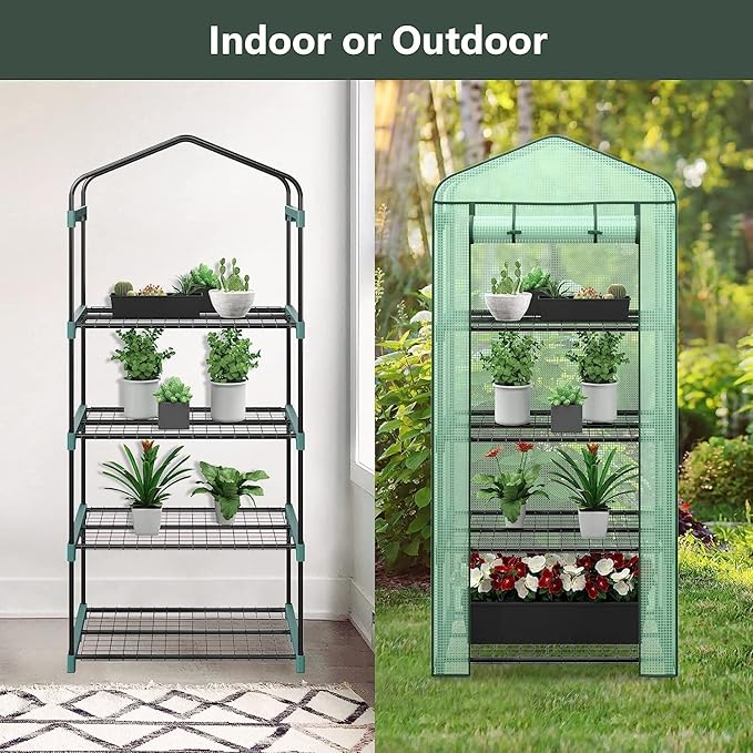 4-Tier Mini Greenhouse Portable Garden Grow Plants Flower Seedings Green House w/PE Cover, Roll-Up Zipper Door and Metal Frame 27.25"(L) X 19"(W) x 63"(H)
