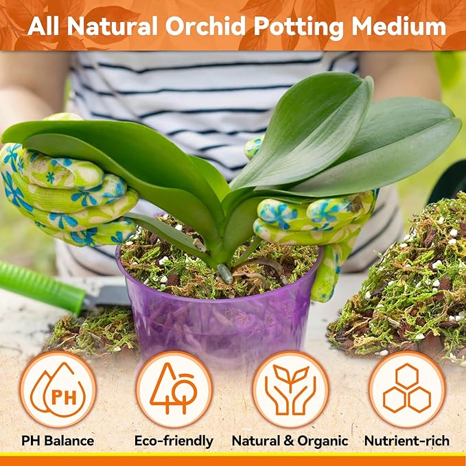Riare 2QT Orchid Potting Mix for Repotting- Orchid Repotting Kit Include Moss, Pine Bark, Perlite, Coco Peat- Premium Orchid Soil Medium for Indoor Potted Plants Root Ventilation & Expanding