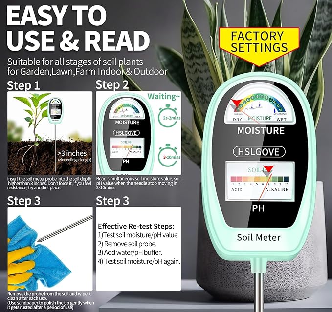HSLGOVE Soil Test Kit, 2-in-1 Soil Moisture Meter/Soil PH Meter, Dual Screen Soil Tester, Soil Moisture Meter for Plants Watering/Gardening for Lawn,Farm Indoor&Outdoor Use-Tea Green