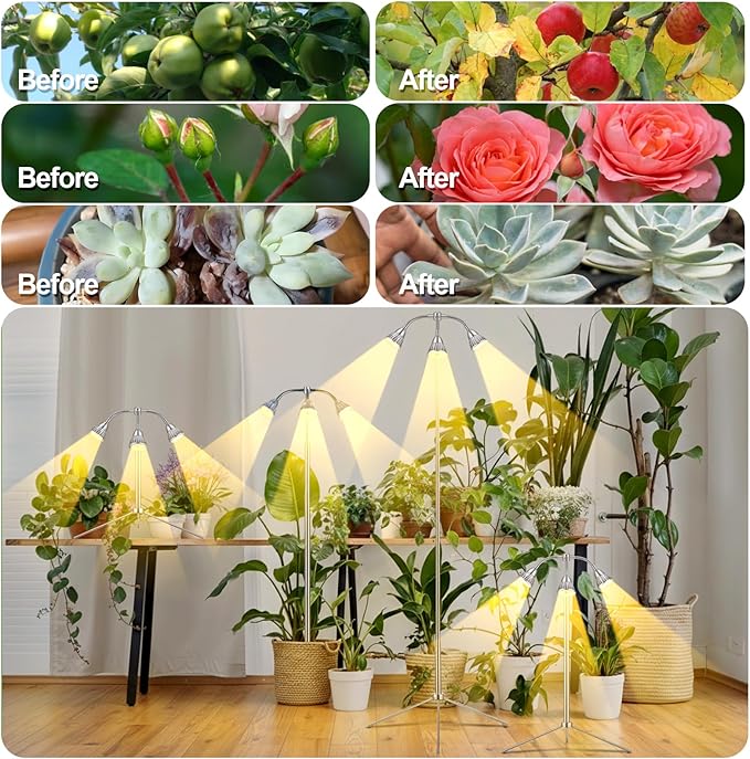 Grow Lights with 3 Heads for Indoor Plants, 10-55 Inches Height Adjustable Aluminum Alloy, Full Spectrum Plant Growing Lamps with Detachable Tripod Stand, Auto On/Off Timer