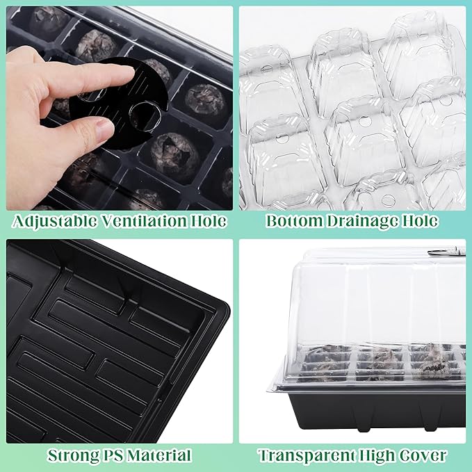 Hahood 4 Sets Seed Starter Tray Kit Germination Starter Tray with Humidity Dome and Base Include 100 Peat Pellets 100 Plant Labels Garden Tools Plastic Plant Growing Trays for Greenhouse Garden, Black