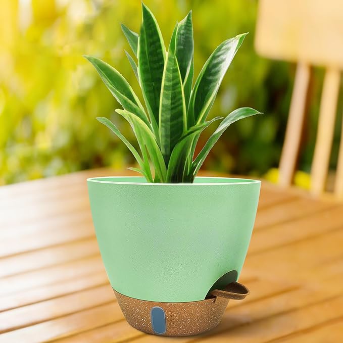 MNKXL 12"/10"/9"/8" Self Watering Pots with Visual Water Window,Extra Large Self Watering Plant Pots with Drainage Holes & Saucers,Green Planters for Indoor Plants,4-Pack