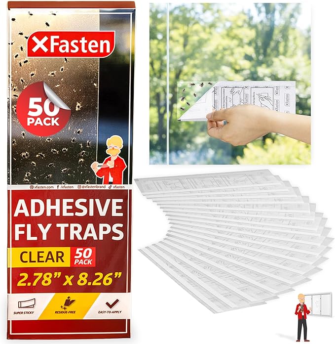 XFasten Window Fly Traps Sticky Clear 50-Pack Fruit Fly Traps for Indoors Sticky, Residue-Free, Odorless, Discreet Adhesive Indoor Catcher for Fruit Flies Houseflies, Gnats on Windows Kitchen Garage