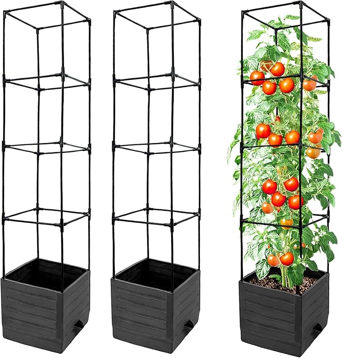 SYITCUN Tomato Planter with Trellis, 57 Inch Self-Watering Planter Box 2-Pack, Grey Planter with Metal Support for Outdoor Indoor Climbing Plants