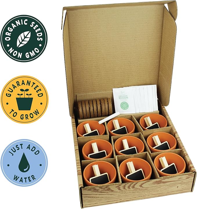Buzzy Organic Herb Starter Kit – 9 Terracotta Pots, Organic Seeds & Soil Pellets – Indoor Herb Garden Kit with Plant Markers, Chalk & Instructions – Grow Fresh Basil, Parsley, Cilantro & More