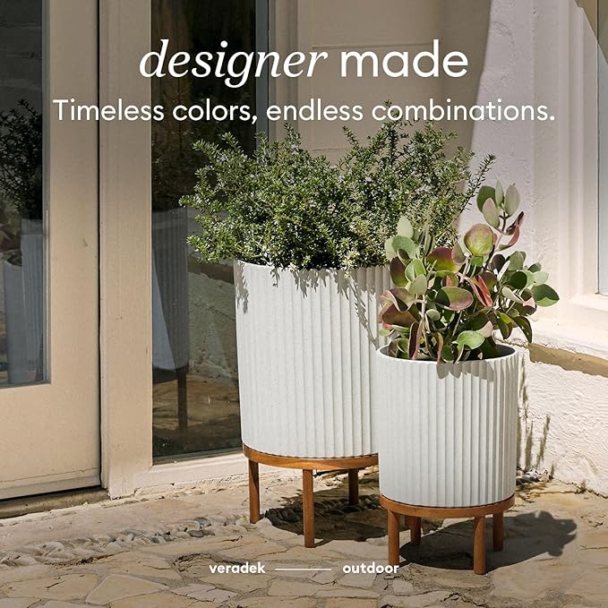 Veradek Demi Series Round Planter w/ Stand for Porch/Patio | Durable Plastic-Concrete & Wooden Stand | Modern Décor for Tall Plants, Flowers