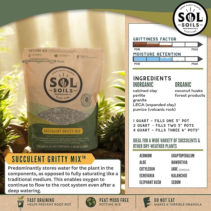 Sol Soils Succulent Gritty Mix - Fast Draining Peat Moss Free Succulent Soil Potting Mix with Coconut Husk Chips, Perlite & Pumice - 1 Quart