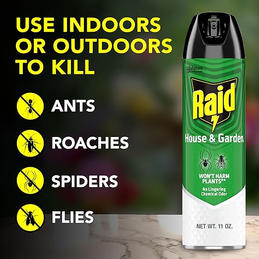 Raid House & Garden Bug Killer Aerosol Kills Bugs on Contact Won’t Harm Plants Indoor and Outdoor Use 11 Ounce (Pack of 2)