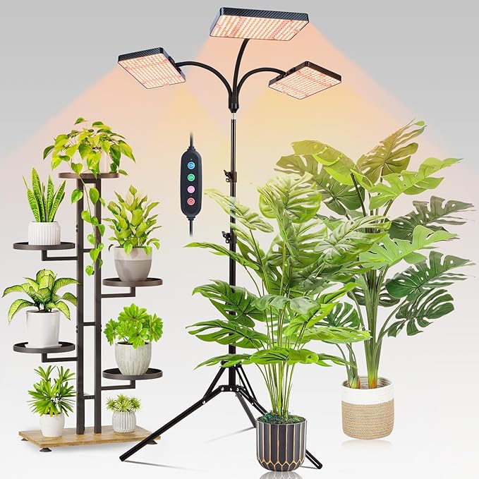 FECiDA 2026 3Head Grow Light with Stand, 75 Watt Power Draw, Bright and Big Coverage Grow Lights for Large Houseplants, Bonsai Tree, 4/8/12/16/20 Hr Timer, 24"-72" Height Adjustable, 360° Gooseneck