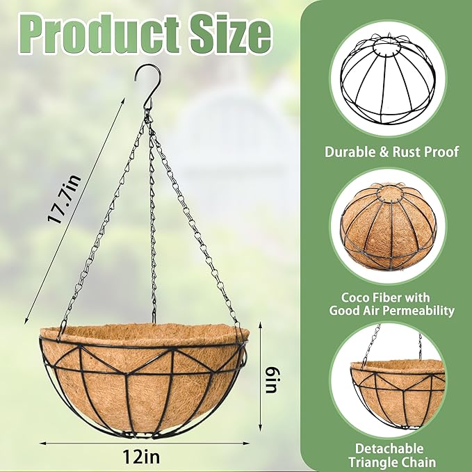 2 Pack 12 Inch Hanging Baskets for Plants Outdoor Metal Hanging Planters Round Hanging Flower Pots with Coco Coir Liner Plant Holder for Outdoor Patio Garden Balcony Decor - Geometric