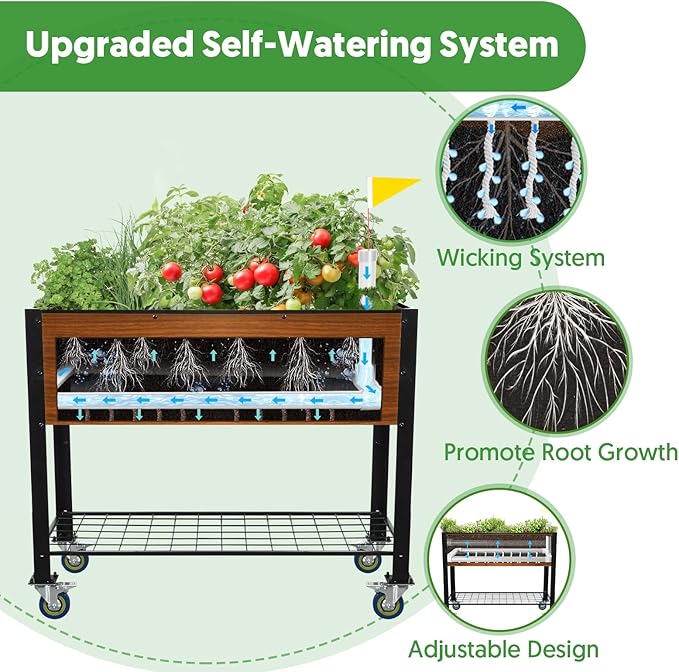 Raised Garden Bed with Legs and Wheels, Self-Watering Planter Box, 36x16x30 in Elevated Raised Bed with Drainage Hole, Built to Withstand Sun, Rain, and Wind for Up to 2 Years
