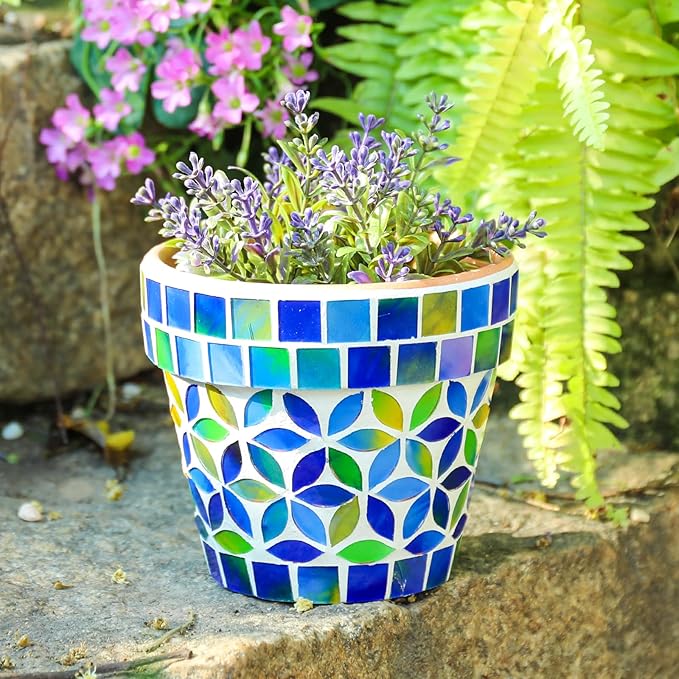 Small Mosaic Plant Pot Flower Pots Ceramic Planter with Drainage Hole Small Ceramic Pot for Indoor Outdoor Plants Succulent Pots Blue with Flower Design