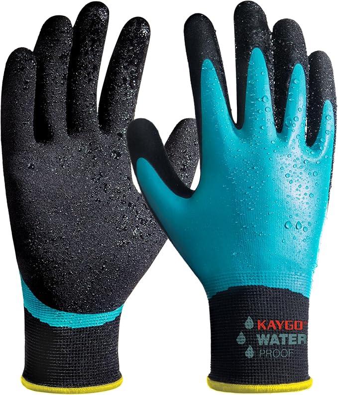 KAYGO Waterproof Work Gloves for Men and Women, Rubber Coated Non-slip Working Gloves for Garden, Outdoor Construction,KG150, Blue, L