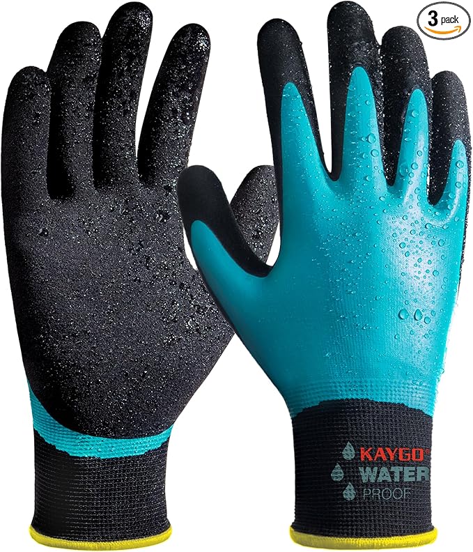 KAYGO Waterproof Work Gloves for Men and Women, 3 pairs Rubber Coated Non-slip Working Gloves for Garden, Outdoor Construction (Blue, L)
