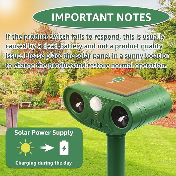 Solar Ultrasonic Animal Repellent Outdoor with Motion Sensor Strobe Light Deer Repellent Devices for Squirrel Rats Snakes Rabbit 25KHZ Silent Deterrent Dual Mode Yard Garden Lawn Pest Control 1pack