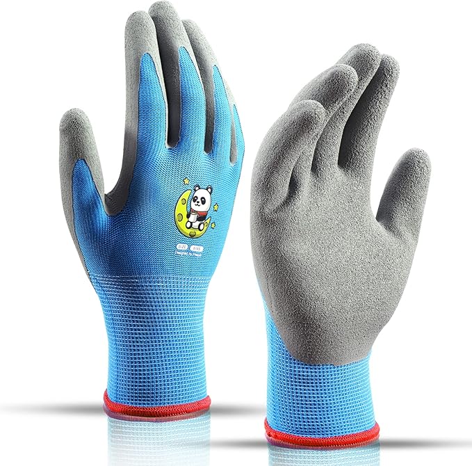 KDK Ages 5-7 Kids Gardening Gloves,Yard Work Gloves for Toddlers, Youth, Girls, Boys, Childrens, Soft Safety Rubber Gloves (XXS Age 5-7, 1 Pair Sky Blue Panda)