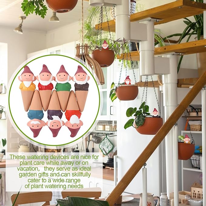 Teenyyou 7 Pcs 3.4 Fl oz Terracotta Self Watering Spikes Cute Gnomes Auto Water Planter Insert Small Watering Globes Slow Vacation Waterer Devices Indoor Outdoor House Plant Accessories