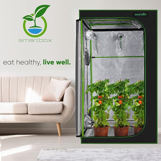 SereneLife Medium Hydroponic Grow Tent Garden - 48'' x 48'' x 80'' Indoor Plant Growing System w/ Durable Reflective 600D Mylar, Observation Window - Includes Removable Floor Tray, Pole Shelf