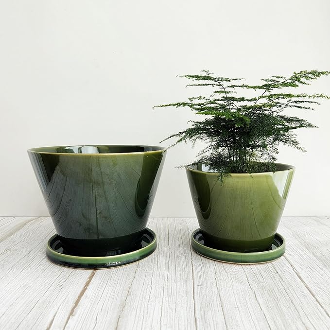 Glazed Gradient Color Ceramic Planter with Drainage Hole & Saucer for Indoor Tropical Plants, Green Reactive Glaze Plant Pot (Emerald Green, 6")