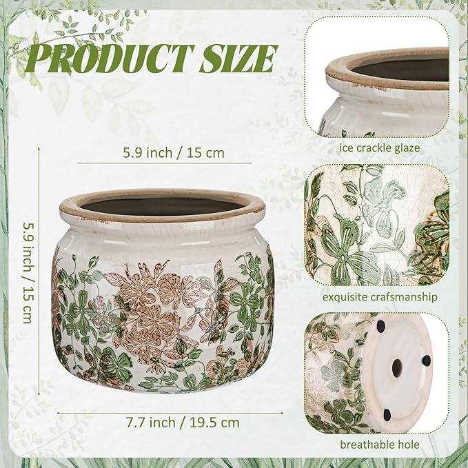 7.7" Large Ceramic Plant Pot Pink Green Vintage Hibiscus Crackle Glaze Rustic Flowers Pot Decorative Planter with Drainage for Indoor Outdoor Plants Home Kitchen Office Decor Gift