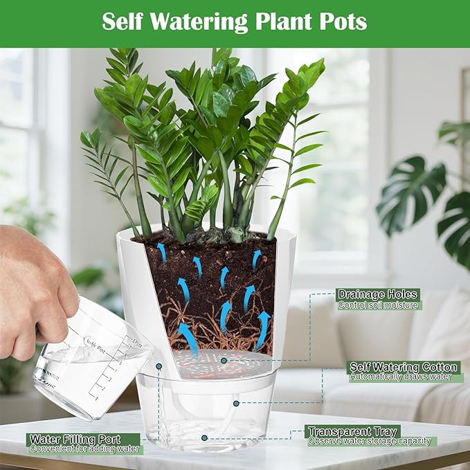 KIMCHOMERSE Self Watering Plant Pots 4.7 Inch, 3 Pack Indoor Planters with Drainage Holes & Saucers, Decorative Plastic Flower Pots for House Plants Home Office Decor (White, Pink, Blue)