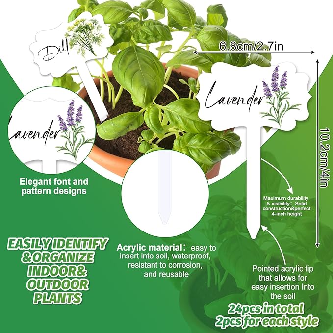 AnyDesign 24Pcs Acrylic Herb Plant Label Signs 12 Styles Garden Herb Markers Waterproof T-Type Tags Plant Stake Tags with Names for Nursery Indoor Outdoor Garden Decor