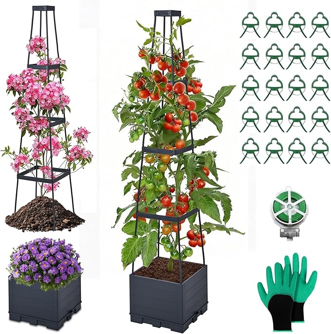 Raised Garden Bed, Tomato Cages for Garden, Garden Bed, Tomato Cage, Raised Garden Beds Outdoor, Planter Box with Trellis, 57" Self-Watering Tomato Planter for Climbing Plants Vegetables Flowers