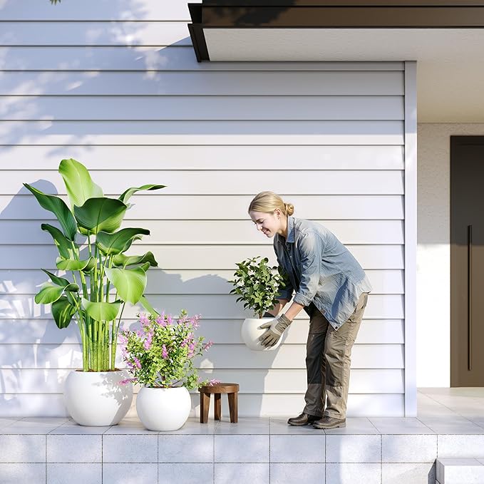 DTY Mount Sherman 16.1'' D x 13.6'' H (Pot Opening 11.8") Fiberstone Round Planter with Drainage Hole, Smooth Finishes, Weather Resistant for Indoor and Outdoor, 2 Extra Coco Mats - White, Medium