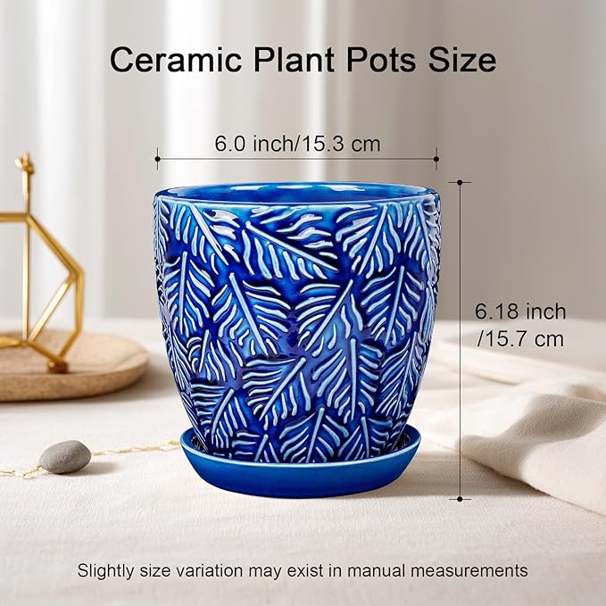 EFISPSS 6 Inch Plant Pots, Ceramic Plant Pots with Drainage Hole and Saucer, Indoor/Outdoor Flower Pots, Set of 2 - Blue