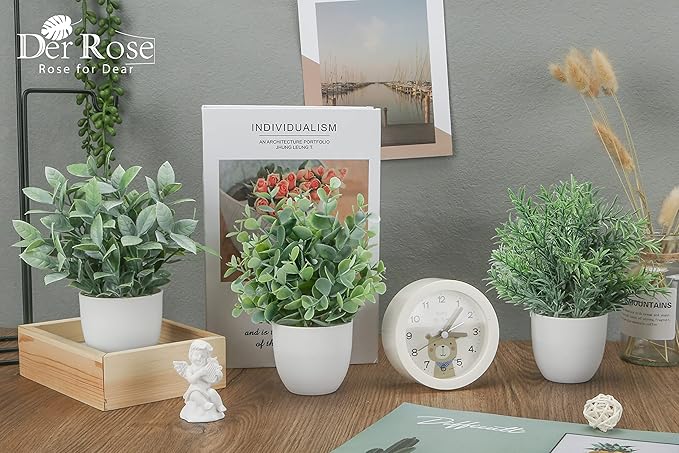 Der Rose Faux Plants Indoor, 4 Pack Small Fake Plants Mini Artificial Plants in Pots for Home Office Shelf Farmhouse Bathroom Decor