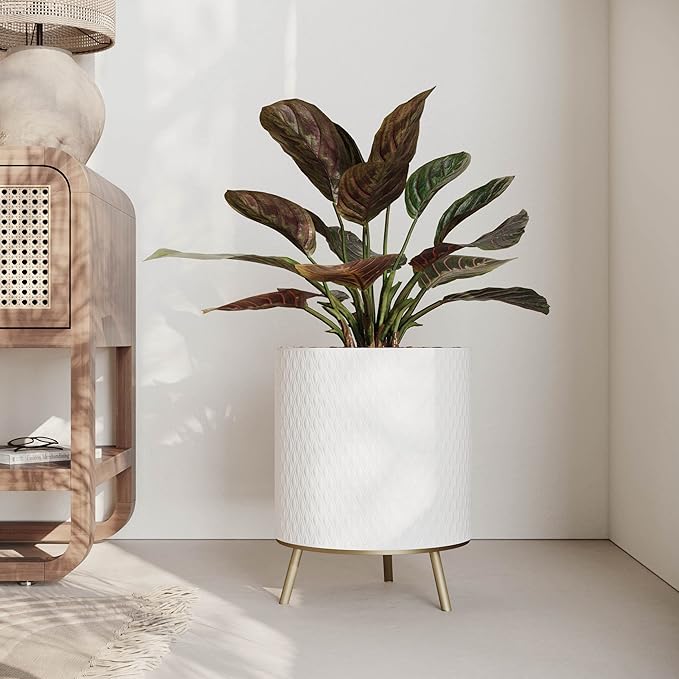 EverNest Claire Honeycomb Neutral White Planter with Nyra Stand, Indoor Plant Pots, SelectBase, Mid-Century Modern, Boho Style Home Decor for Plants (Medium, Gold)