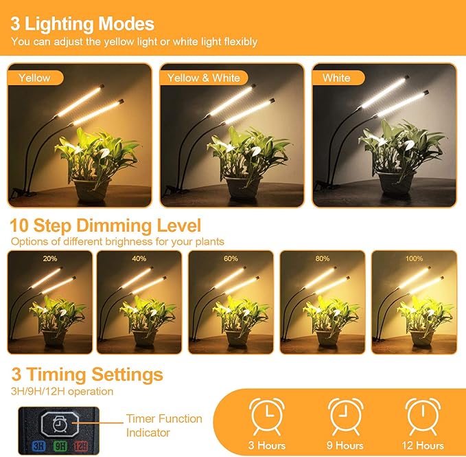 bseah Grow Light Plant Light Indoor Plants, Full Spectrum Clip Plant Lamp, 10-Level Dimmable, Auto ON & Off Timer (2 Pack)