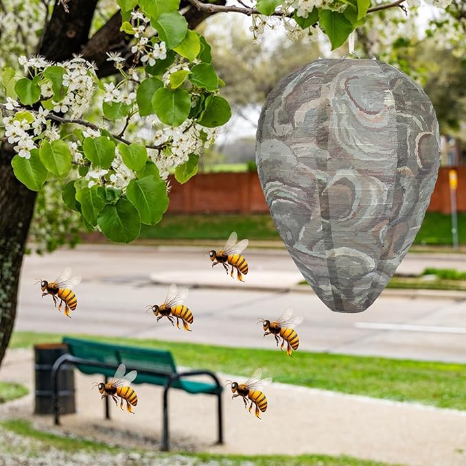 DECYOOL 4 Pack Paper Wasp Nest Decoy Hanging Wasp Nest Stay Away from Wasps Hornets Yellow Jackets(Dark Green)
