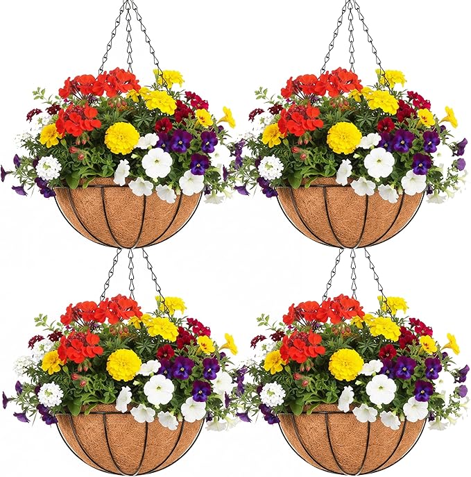 EIMQUVW Outdoor Metal Hanging Planters Basket (4pack, 16 inch) Hanging Baskets for Plants Chain Round Wire Plant Holder with Coco Fiber Liners for Garden, Patio, Deck, Porch