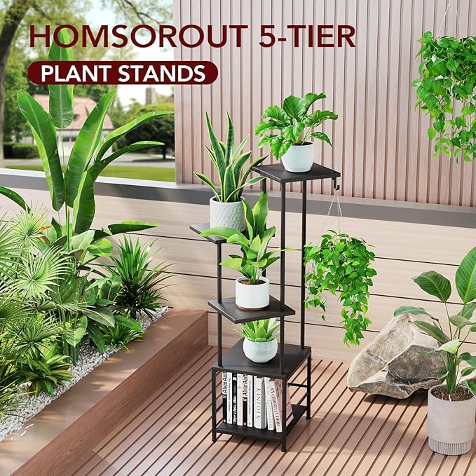 Homsorout Plant Stand Indoor with Grow Light, 5-Tiered Tall Plant Stand Indoor, Metal Plant Shelf with Hanging Basket Hook and Adjustable Light, Ideal for Living Room, Garden, Patio (Black )