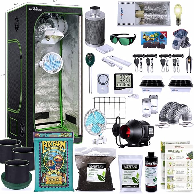 Complete Solution - 150W HPS Grow Light - 24"x24"x72" Hydroponic 1680D Canvas Tent Mylar Interior - Nutrient Enriched Cali Super Soil - All-in-One Indoor Grow Kit - Premium Ventilation