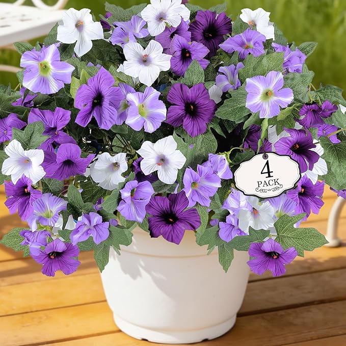 Alotiki Artificial Fake Flowers for Outdoor Plants Decoration,4 Pcs Faux Petunias Flowers Plants UV Resistant Silk for Porch Yard Garden Home Indoor Decor(Purple White)