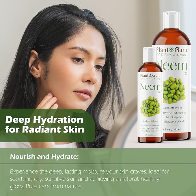 Plant Guru Neem Oil 2 fl. oz. – Unrefined Cold Pressed 100% Pure Natural – Nourishing for Skin, Hair, and Scalp – Hydrating and Moisturizing.