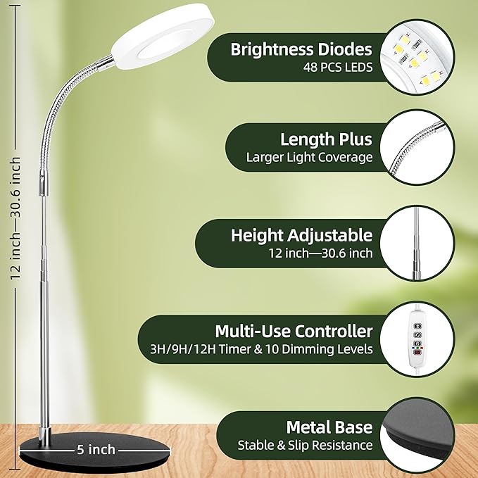 EWPJDK Grow Light Full Spectrum Plant Grow Lights with Detachable Base 48 LED Plant Light Desk Grow Lamp for Indoor Plants Growing Lamps (White, 1)