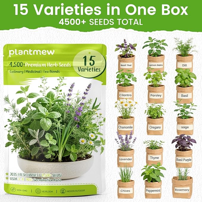 Herb Seeds 15-Pack – 4,500+ Non-GMO Heirloom Seeds for Planting – Indoor & Outdoor Herb Garden Kit with Basil, Cilantro, Rosemary, Thyme, Dill, Sage – Medicinal & Culinary Herb Seeds Variety Pack