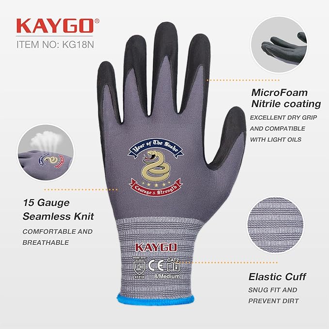 KAYGO Safety Work Gloves MicroFoam Nitrile Coated, 3 Pairs KG18NB,Seamless Knit Nylon Glove for Men and Women, Ideal for Automotive,Warehouse,Construction (L,Gray)