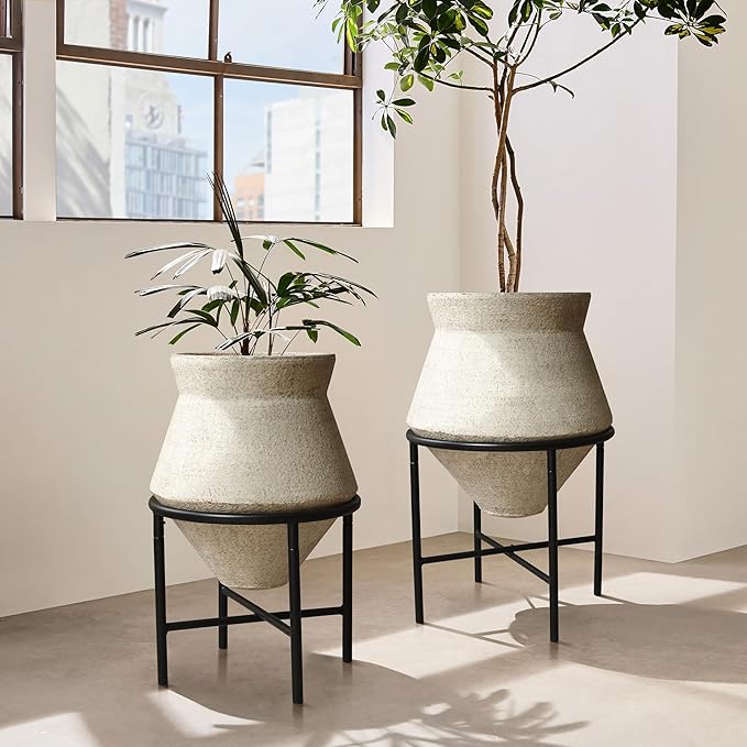 LuxenHome Planters for Indoor Plants, Set of 2 Indoor Plant Pots, Decorative Metal Planters with Stands, Distressed Cachepot Large Floor Flower Pot for Home Office, 13" & 16" Diameter, Sand Beige